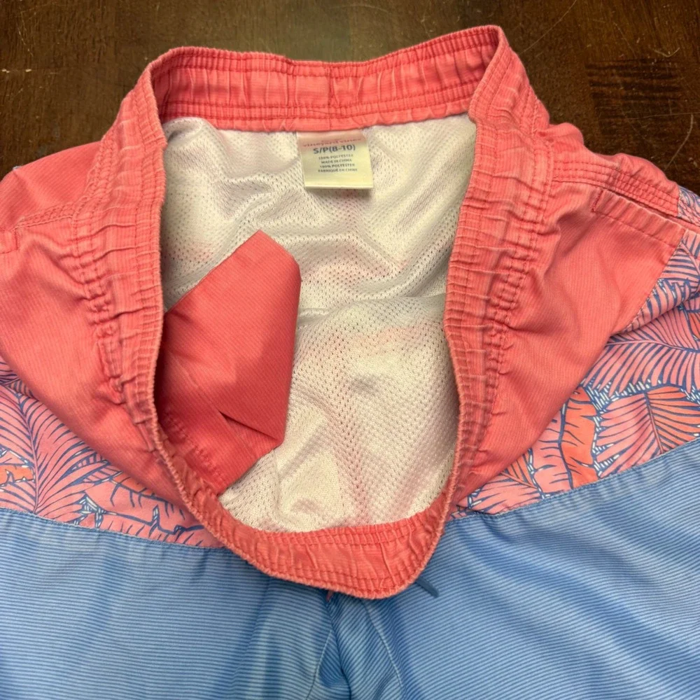 Vineyard‎ Vines Swim Trunks Kids Small 8-10 Pink Blue Palm Leaf Striped Shorts